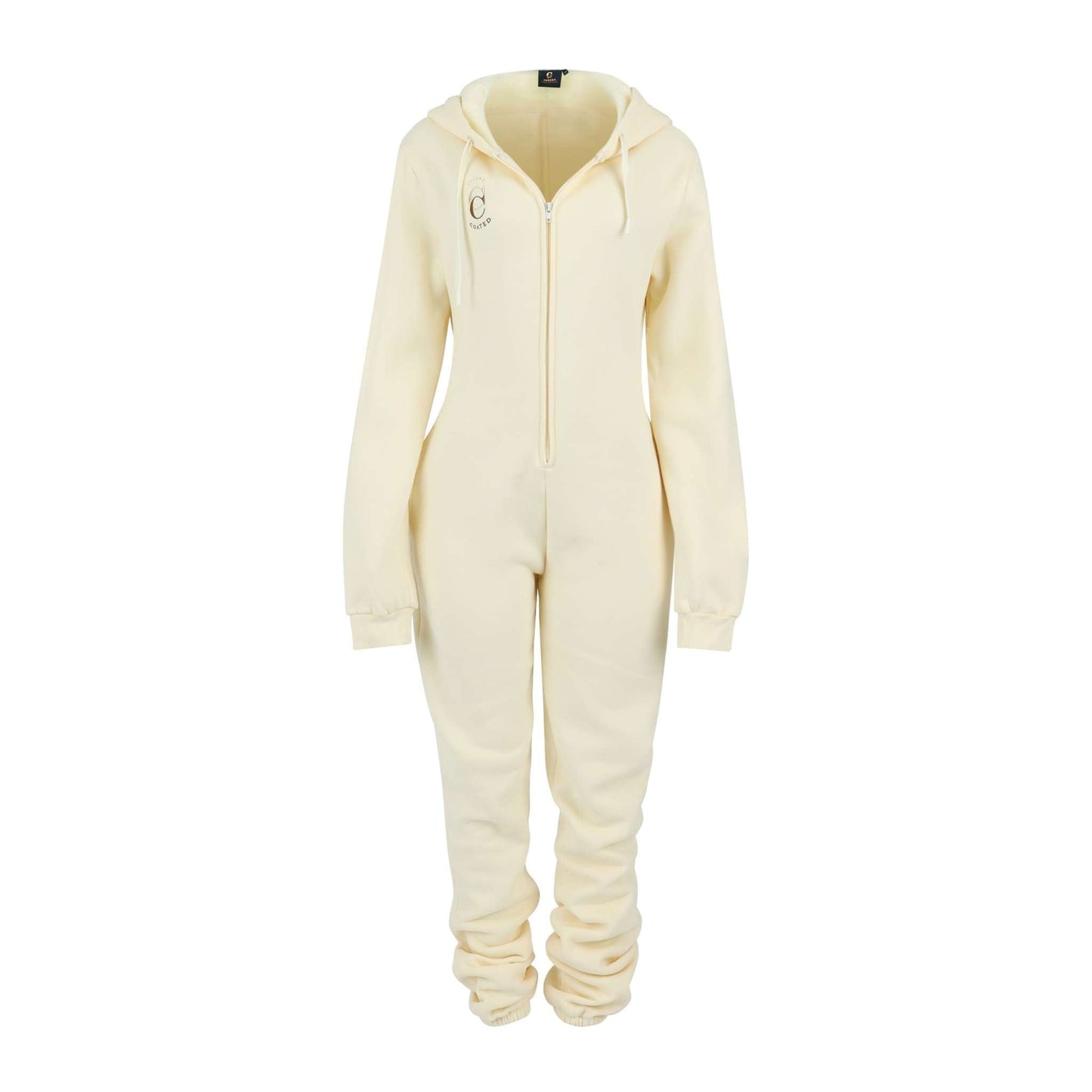 Cream cozy jumpsuit with hood, soft cotton blend, plush interior, cream color, adjustable drawstring.