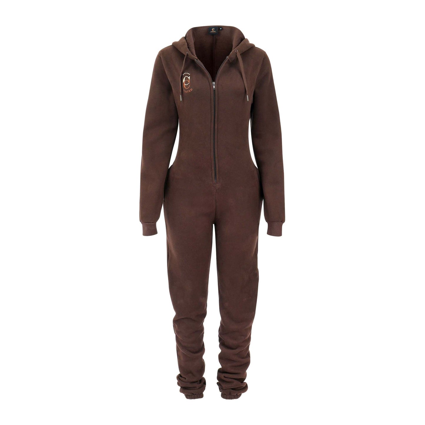  Coco cozy jumpsuit with hood, adjustable drawstring, and plush interior lining.