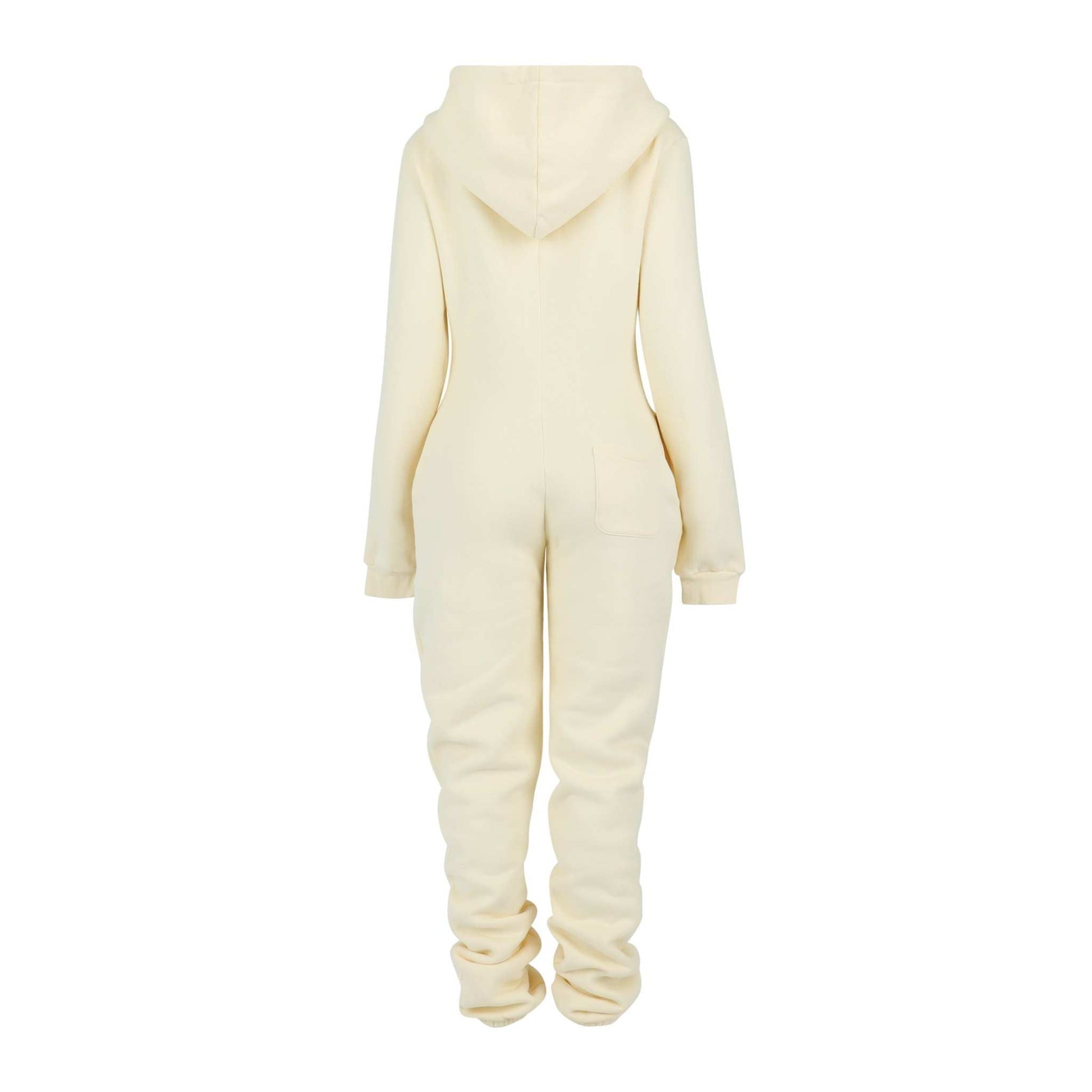 Cream cozy jumpsuit with hood and plush lining.