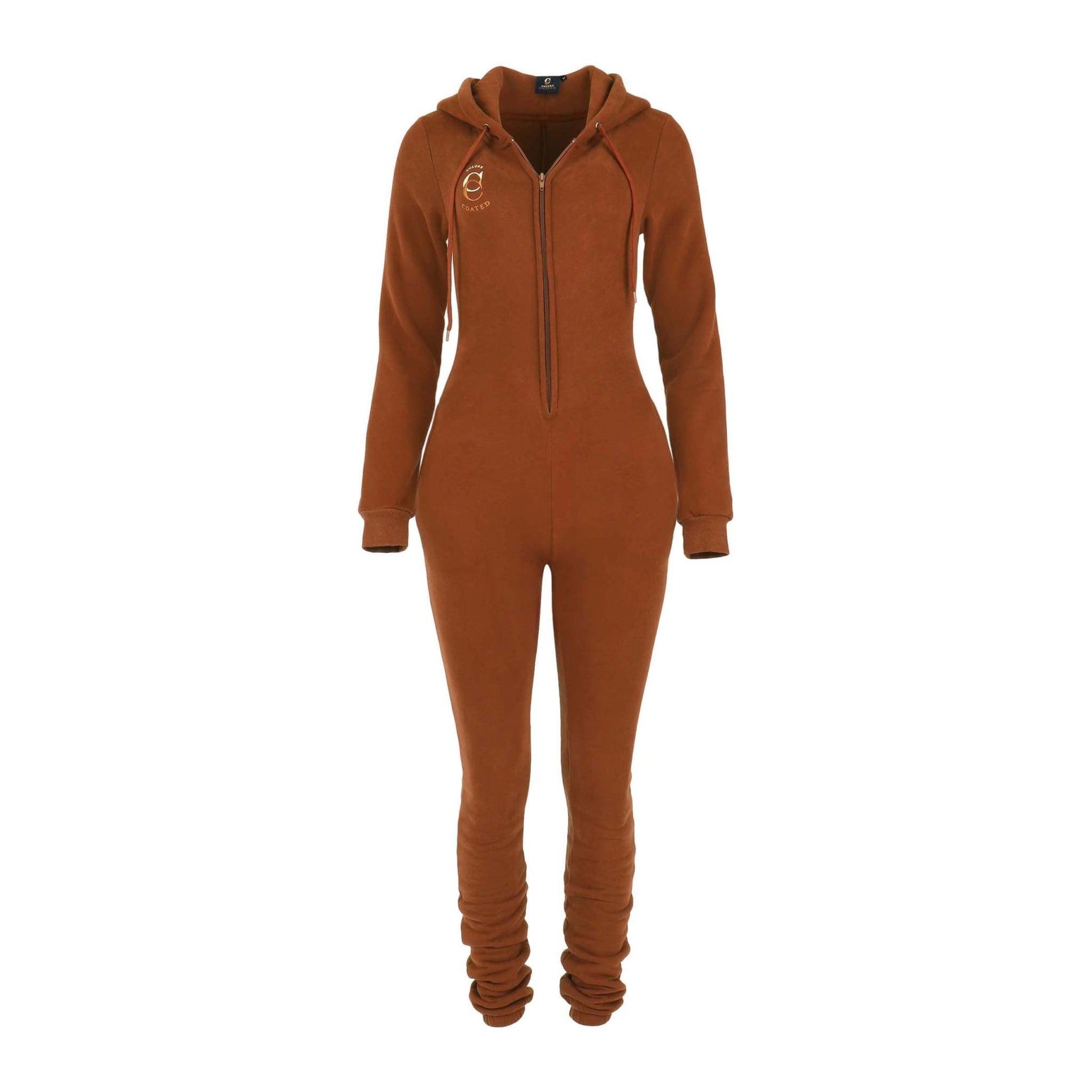 Fall Brown Cozy Jumpsuit with adjustable hood and plush lining for comfort and warmth.