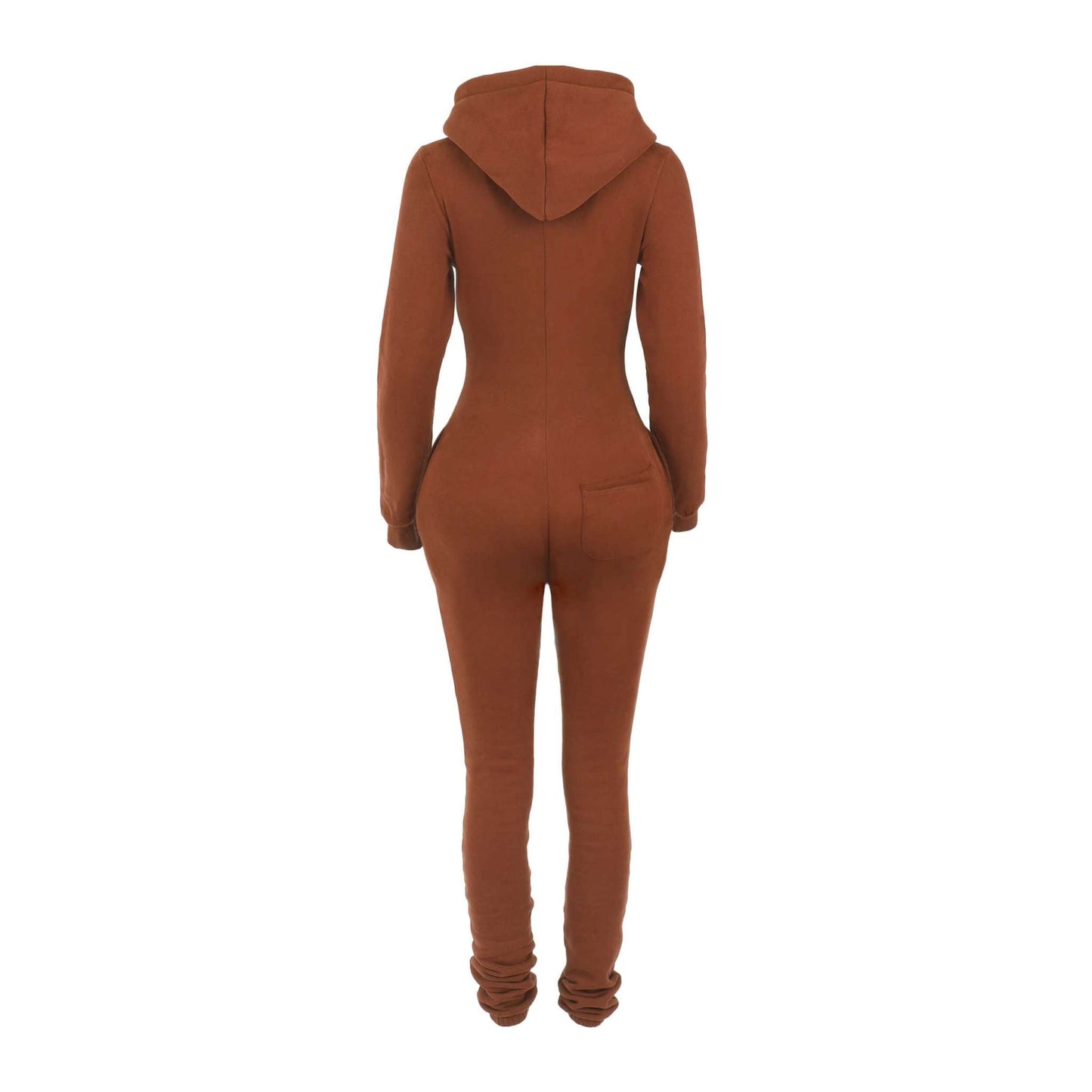 Fall Brown Cozy Jumpsuit with hood, soft cotton blend, plush lining, adjustable drawstring, stylish and warm.